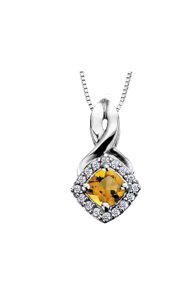 10K White Gold Citrine and Diamond Halo Pendant with Chain