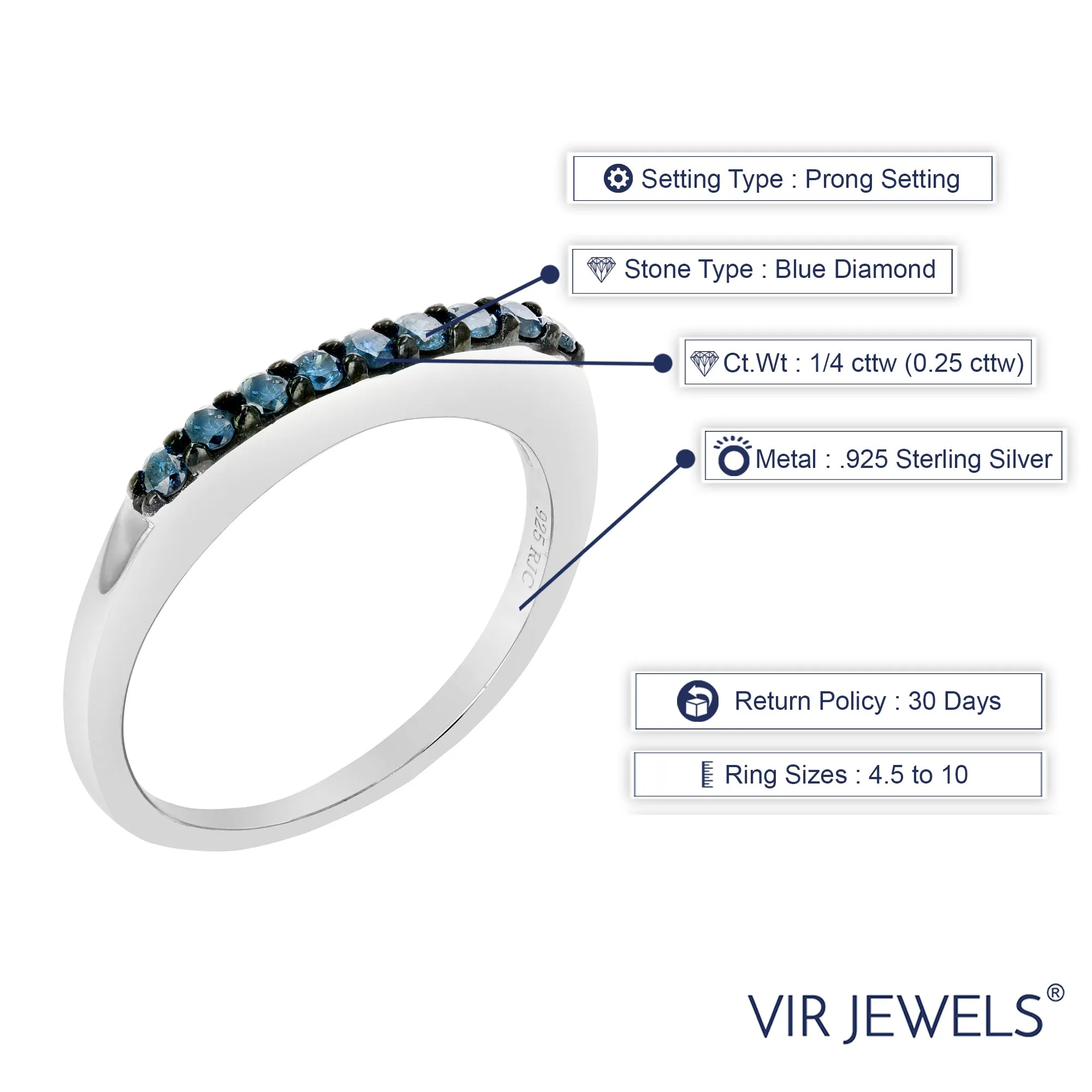 1/4 cttw Classic Blue Diamond Wedding Band in Sterling Silver