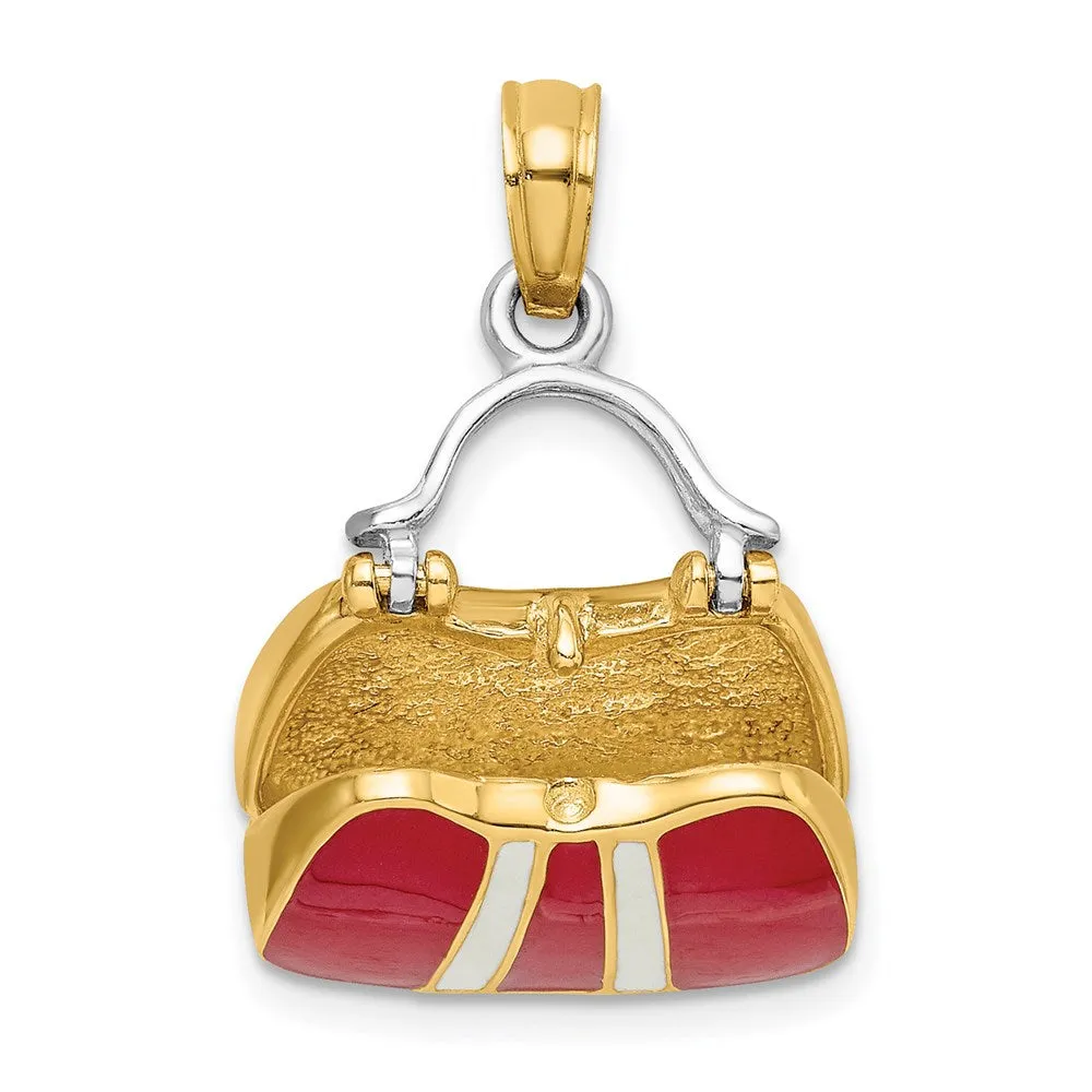 14K & Rhodium 3-D Red Enameled Handbag Opens Charm