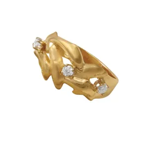 14k Yellow Gold 5 Swimming Dolphins Ring with Diamonds, D=.15tw
