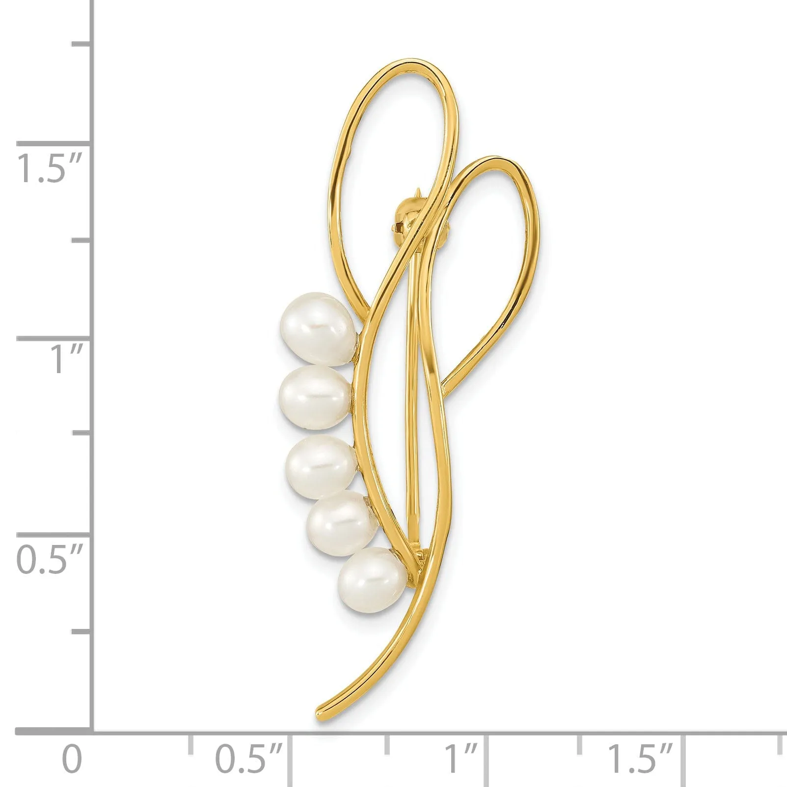 14K Yellow Gold Polished Finish Women's  4-5 mm Size White Freshwater Cultured Swirling Open Loop Design Brooch Pin