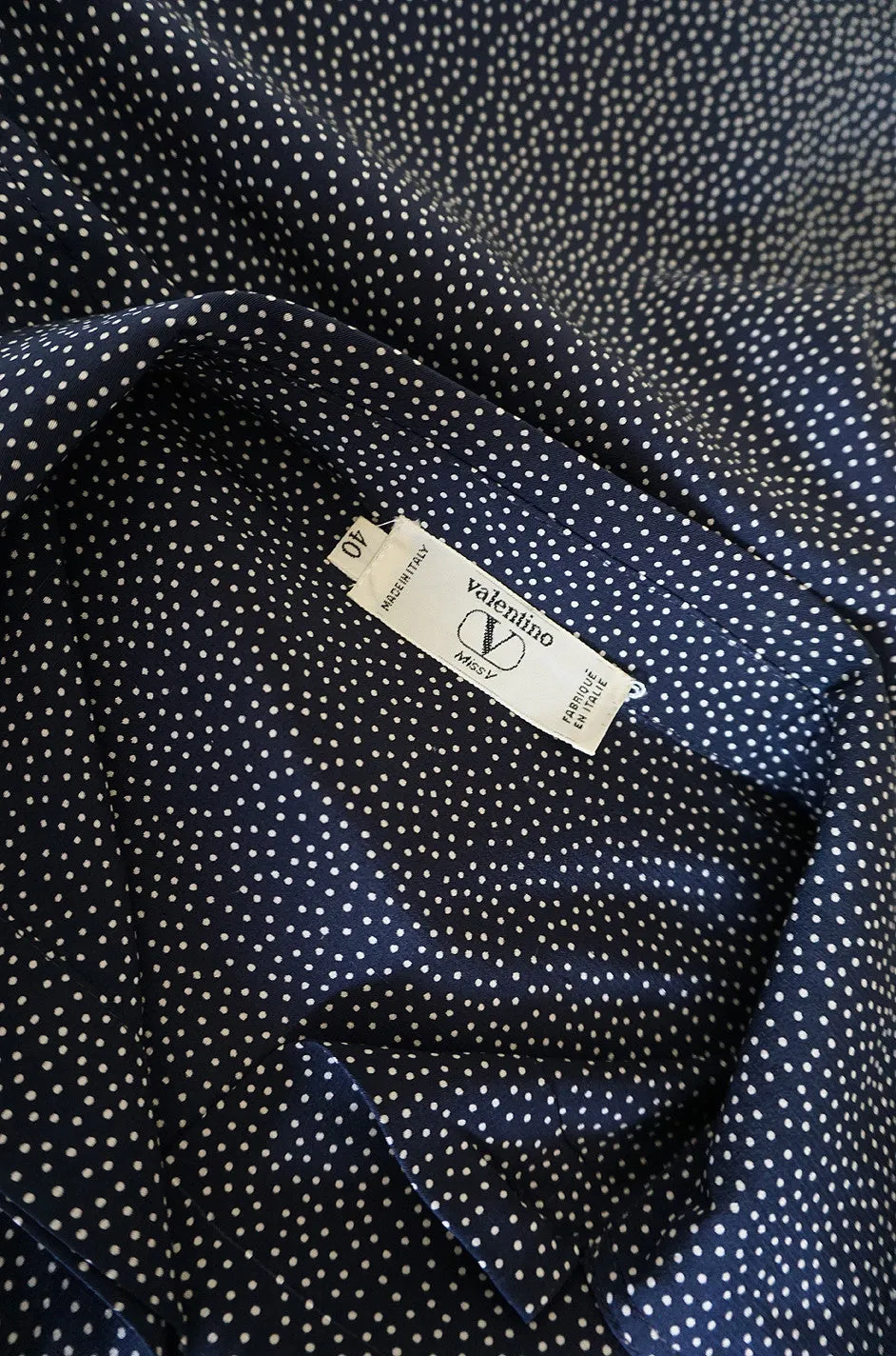 1970s Miss Valentino Navy Dot Silk Shirt