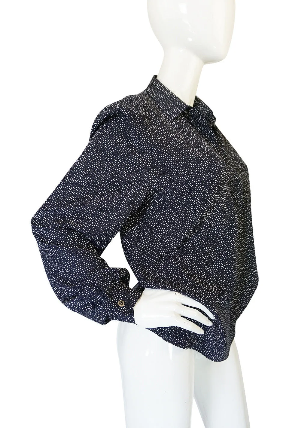 1970s Miss Valentino Navy Dot Silk Shirt