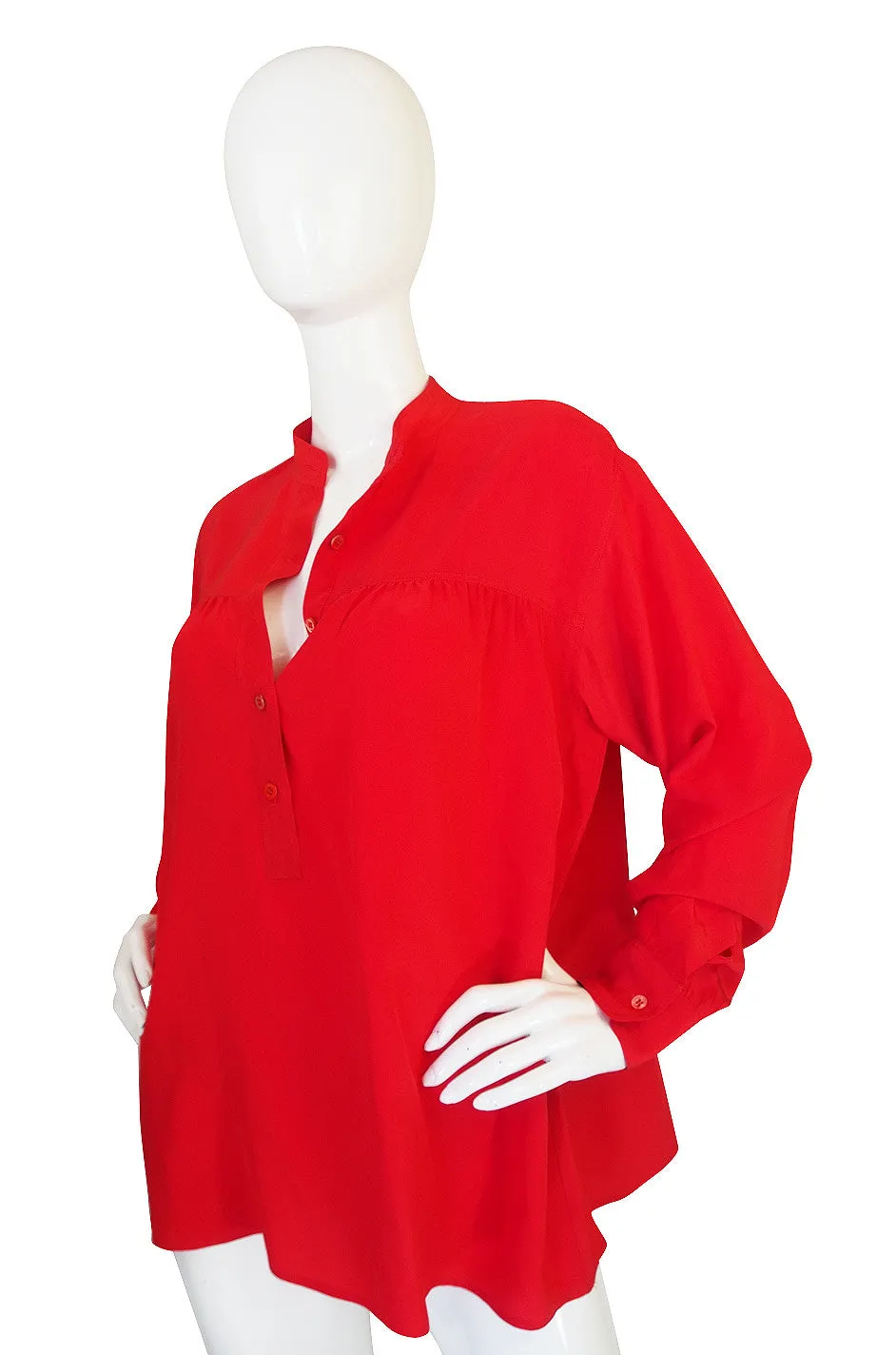 1970s Yves Saint Laurent Red Silk Smock Top