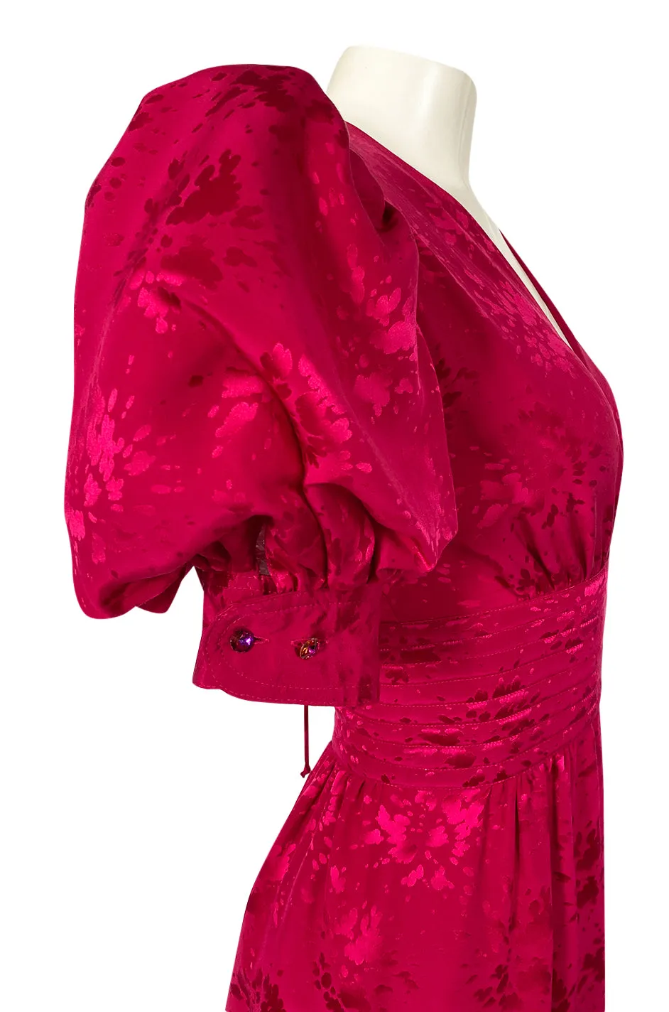 1980s Wayne Clark Pink Silk Plunging Neckline & Huge Pouf Sleeve Dress