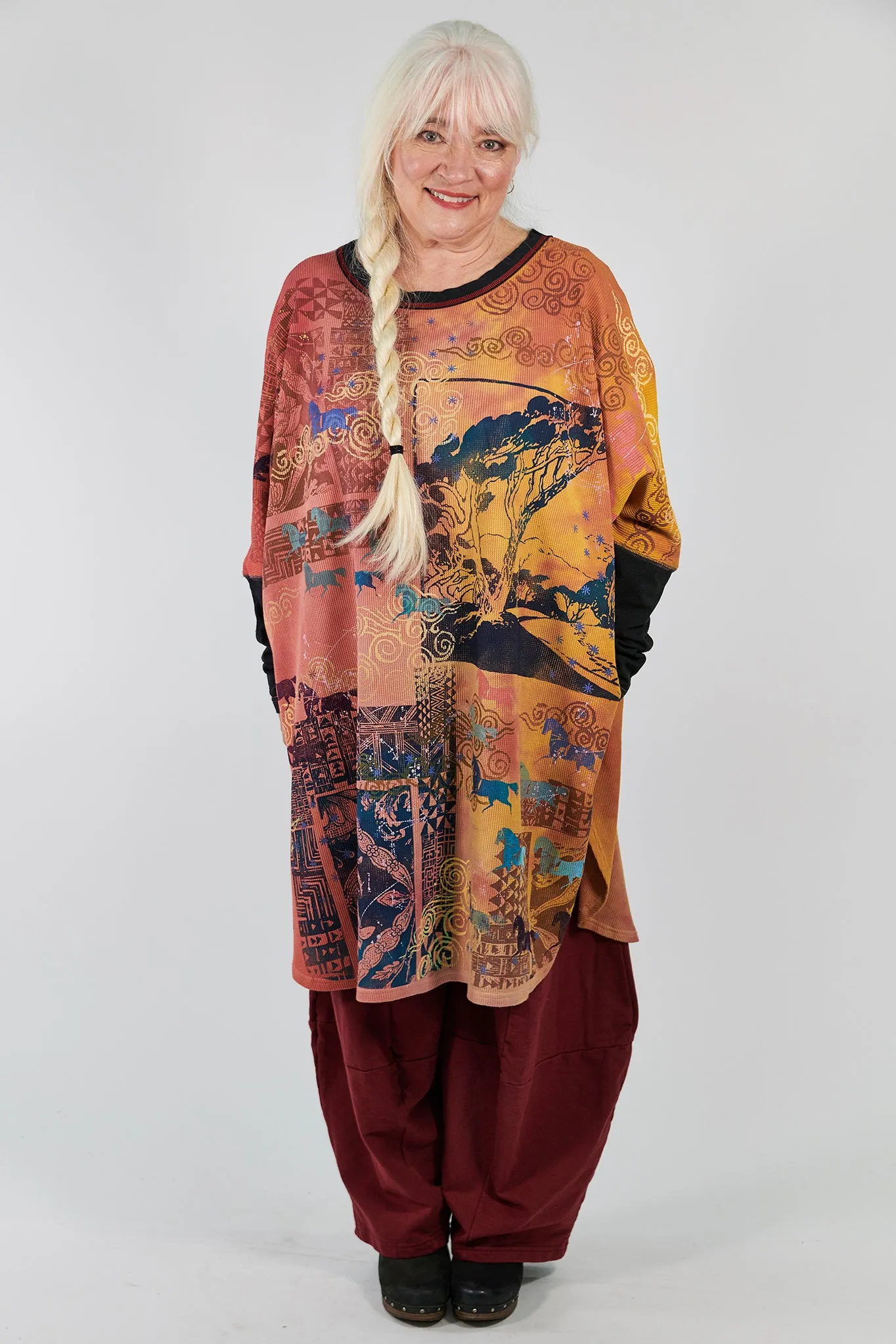 2251 Natural City Tunic Sunshine/Sunset Horses among Trees Hand-Dyed