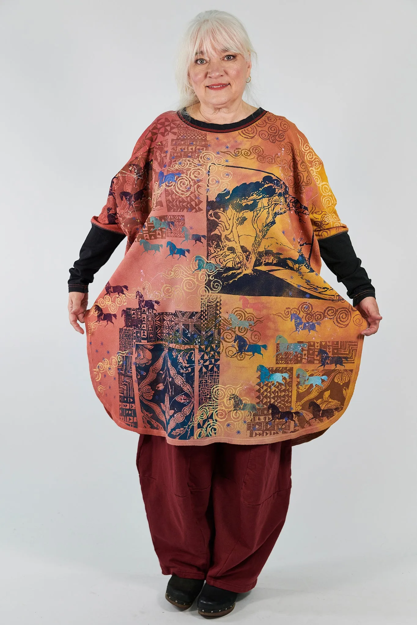 2251 Natural City Tunic Sunshine/Sunset Horses among Trees Hand-Dyed