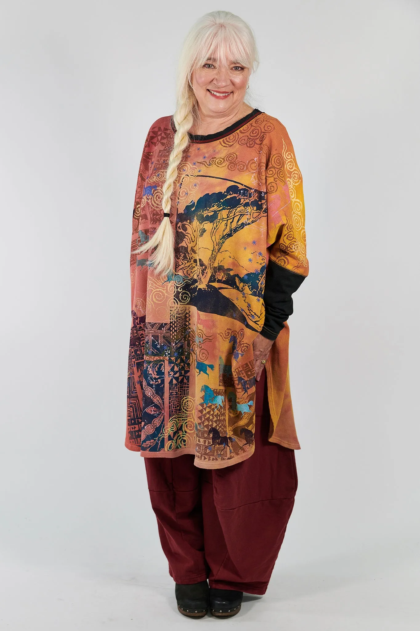 2251 Natural City Tunic Sunshine/Sunset Horses among Trees Hand-Dyed