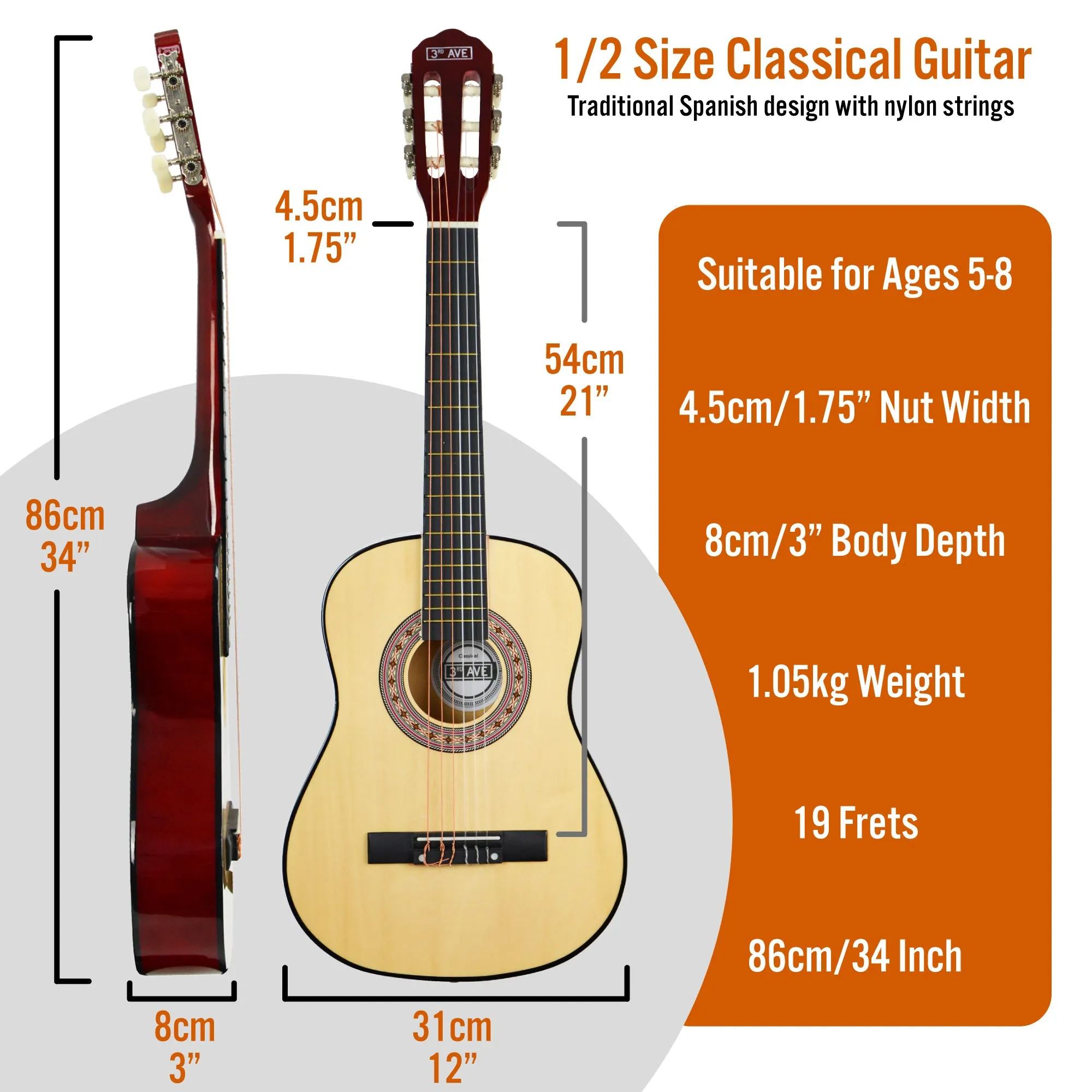 3rd Avenue 1/2 Size Classical Guitar Pack