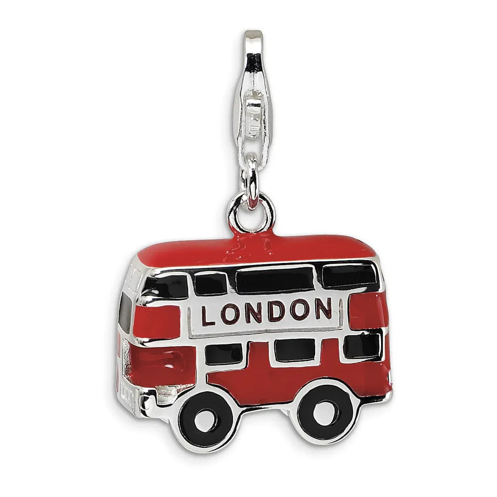 925 Silver 3D Red Enameled London Double Decker Bus Dangle Charm