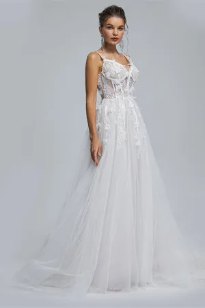 A-line Spaghetti strap Sweetheart Tulle Applique Floor-length Sleeveless Wedding Dress Cover