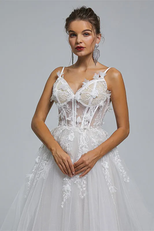 A-line Spaghetti strap Sweetheart Tulle Applique Floor-length Sleeveless Wedding Dress Cover