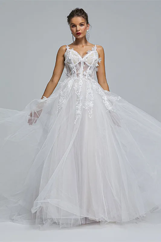 A-line Spaghetti strap Sweetheart Tulle Applique Floor-length Sleeveless Wedding Dress Cover