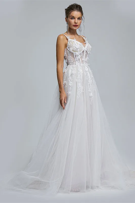 A-line Spaghetti strap Sweetheart Tulle Applique Floor-length Sleeveless Wedding Dress Cover
