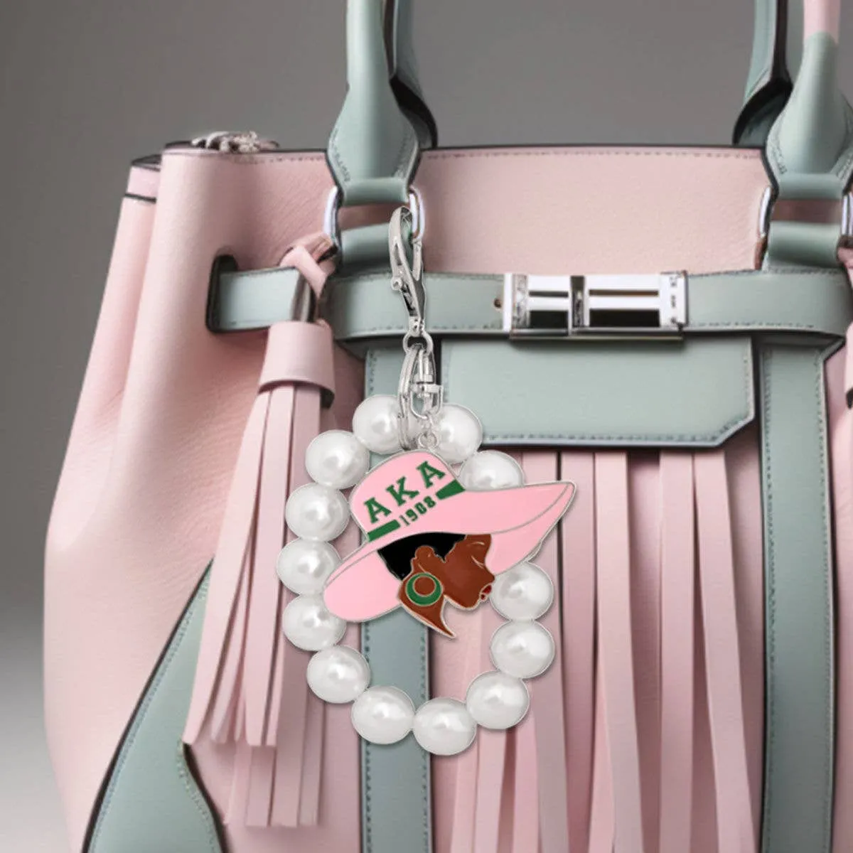 AKA Pink Green Hat Pearl Keychain | Geri's Bluffing Boutique
