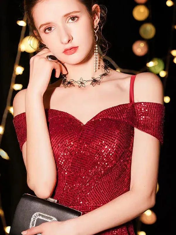 Amazing Sequin Evening Dresses Sexy Off The Shoulder Split Floor Length Maxi Dress