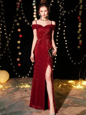 Amazing Sequin Evening Dresses Sexy Off The Shoulder Split Floor Length Maxi Dress