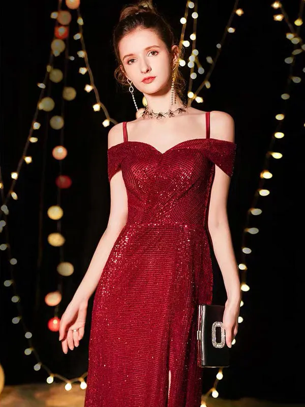 Amazing Sequin Evening Dresses Sexy Off The Shoulder Split Floor Length Maxi Dress