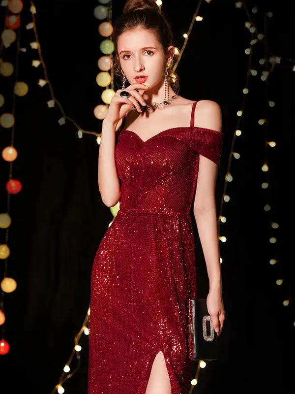 Amazing Sequin Evening Dresses Sexy Off The Shoulder Split Floor Length Maxi Dress
