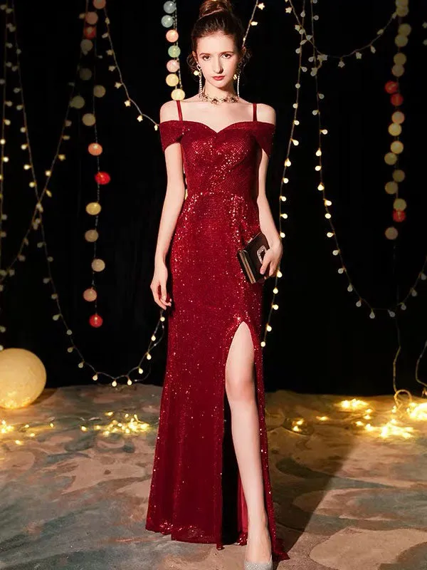 Amazing Sequin Evening Dresses Sexy Off The Shoulder Split Floor Length Maxi Dress