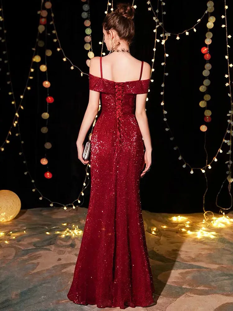 Amazing Sequin Evening Dresses Sexy Off The Shoulder Split Floor Length Maxi Dress