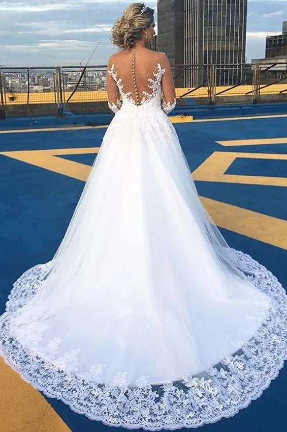 AmazingLace Sweep Train Bridal Gown Long Sleeves Tulle Wedding Dresses
