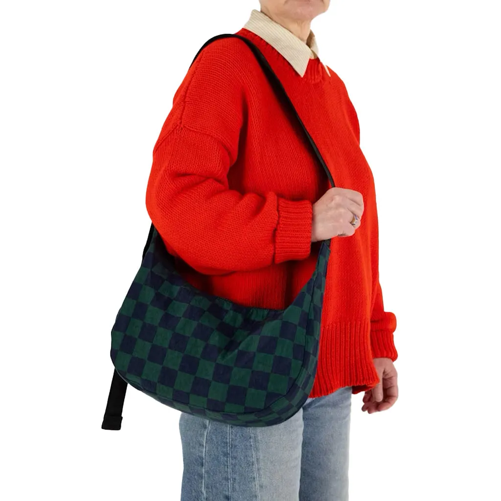 Baggu Medium Nylon Crescent Bag, Navy Green Check
