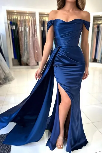 Ballbella Stain Royal Blue Sweetheart Slit Front Off-the-Shoulder Strapless Evening Dress with Ruffles