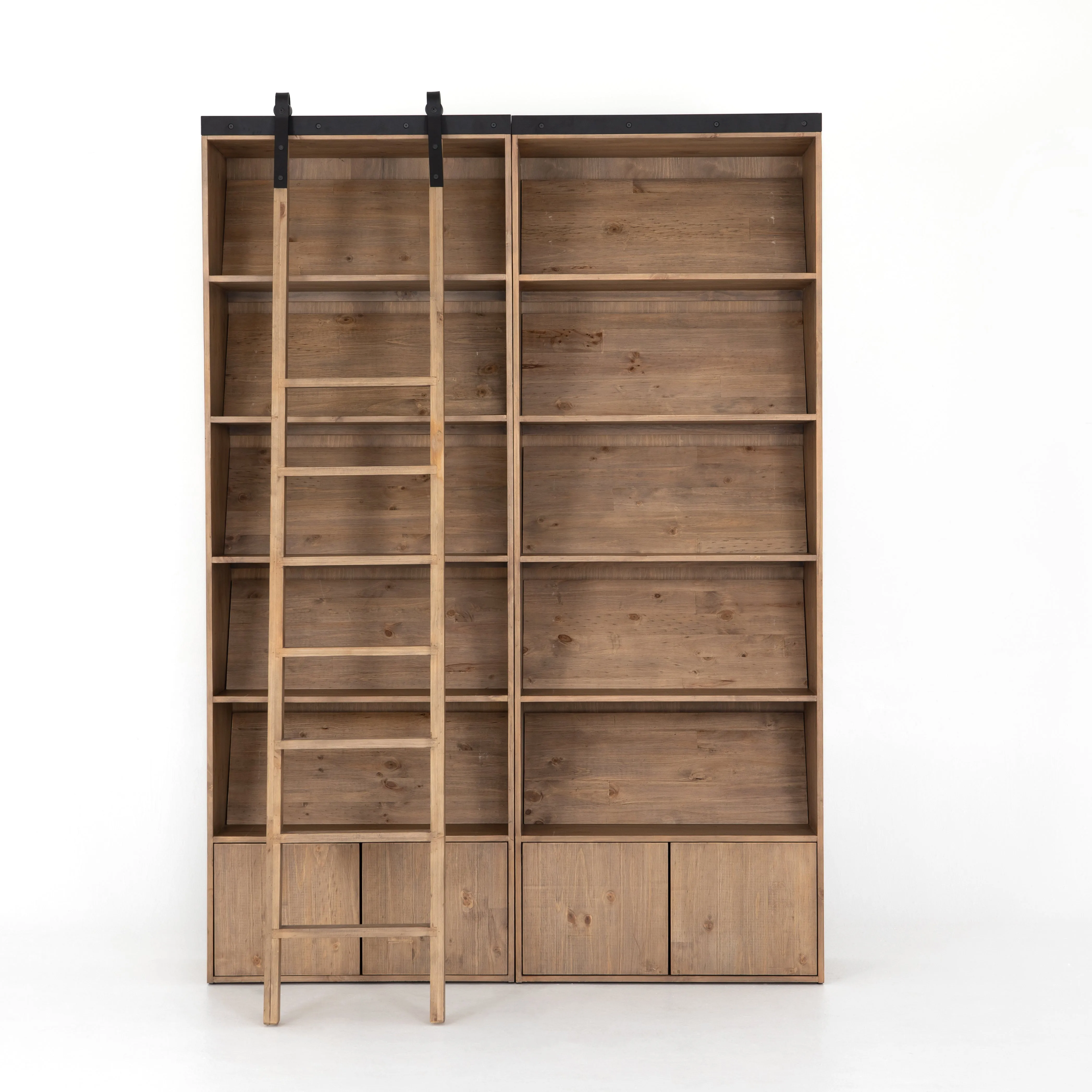 Bane Double Bookshelf with Ladder - Smoked Pine