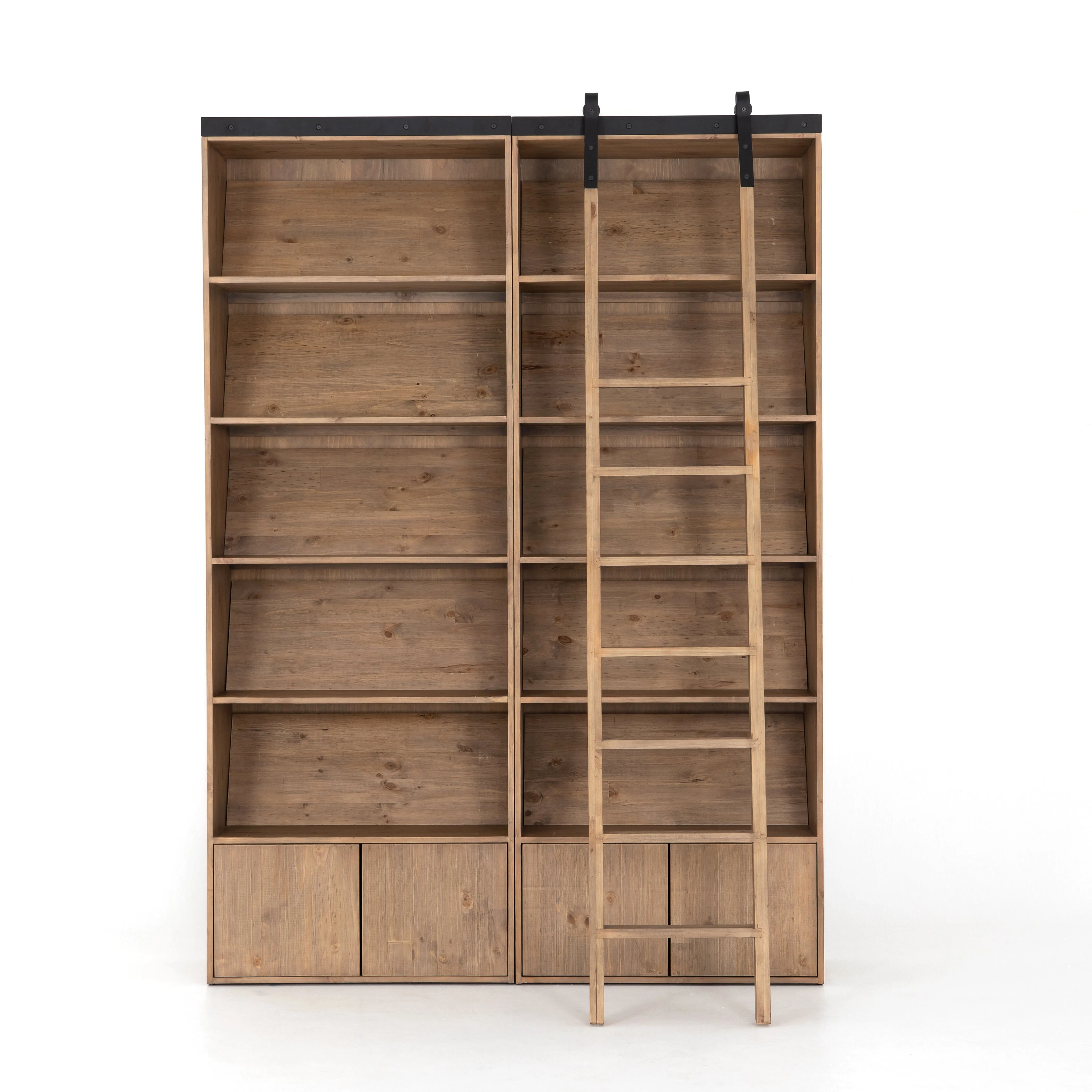 Bane Double Bookshelf with Ladder - Smoked Pine