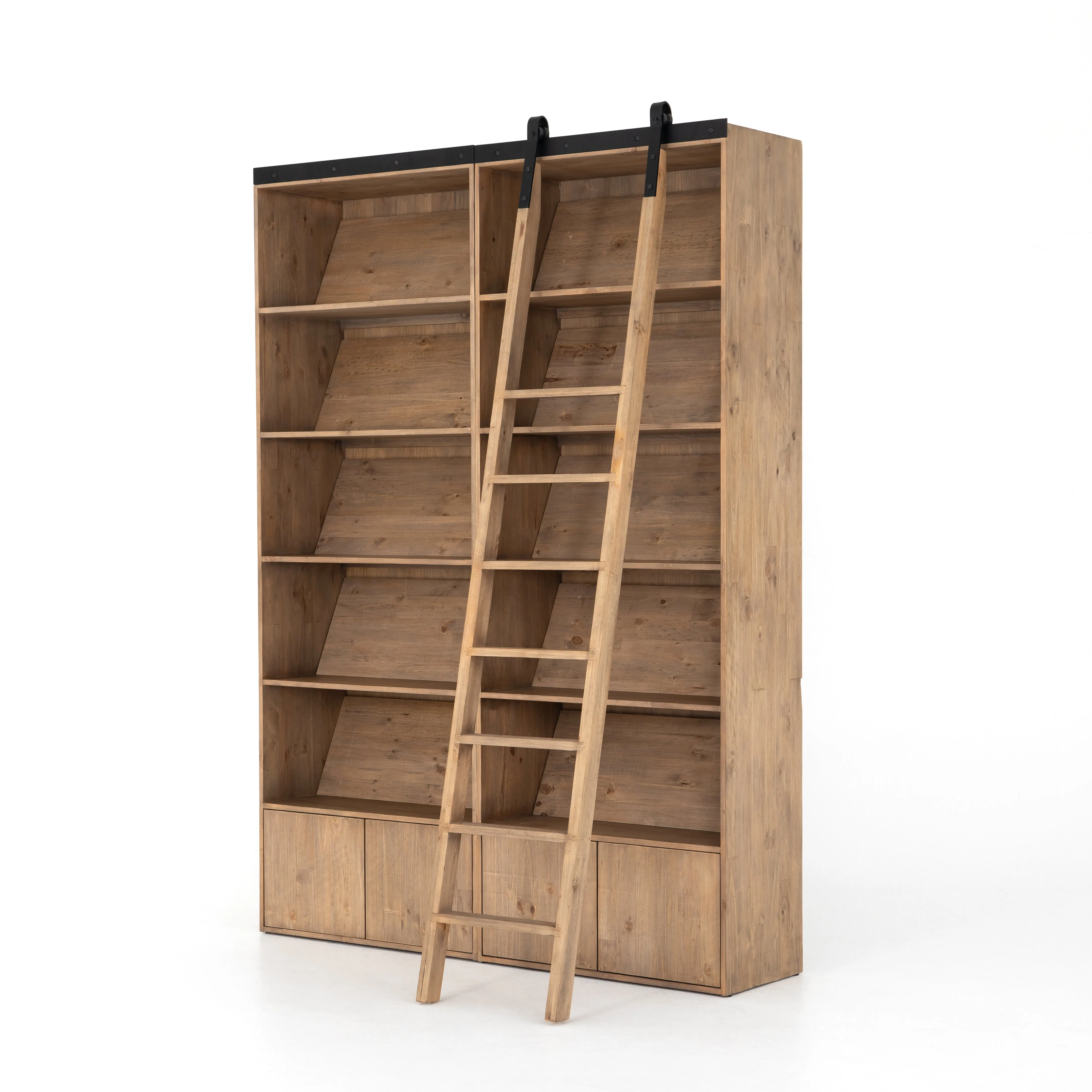Bane Double Bookshelf with Ladder - Smoked Pine