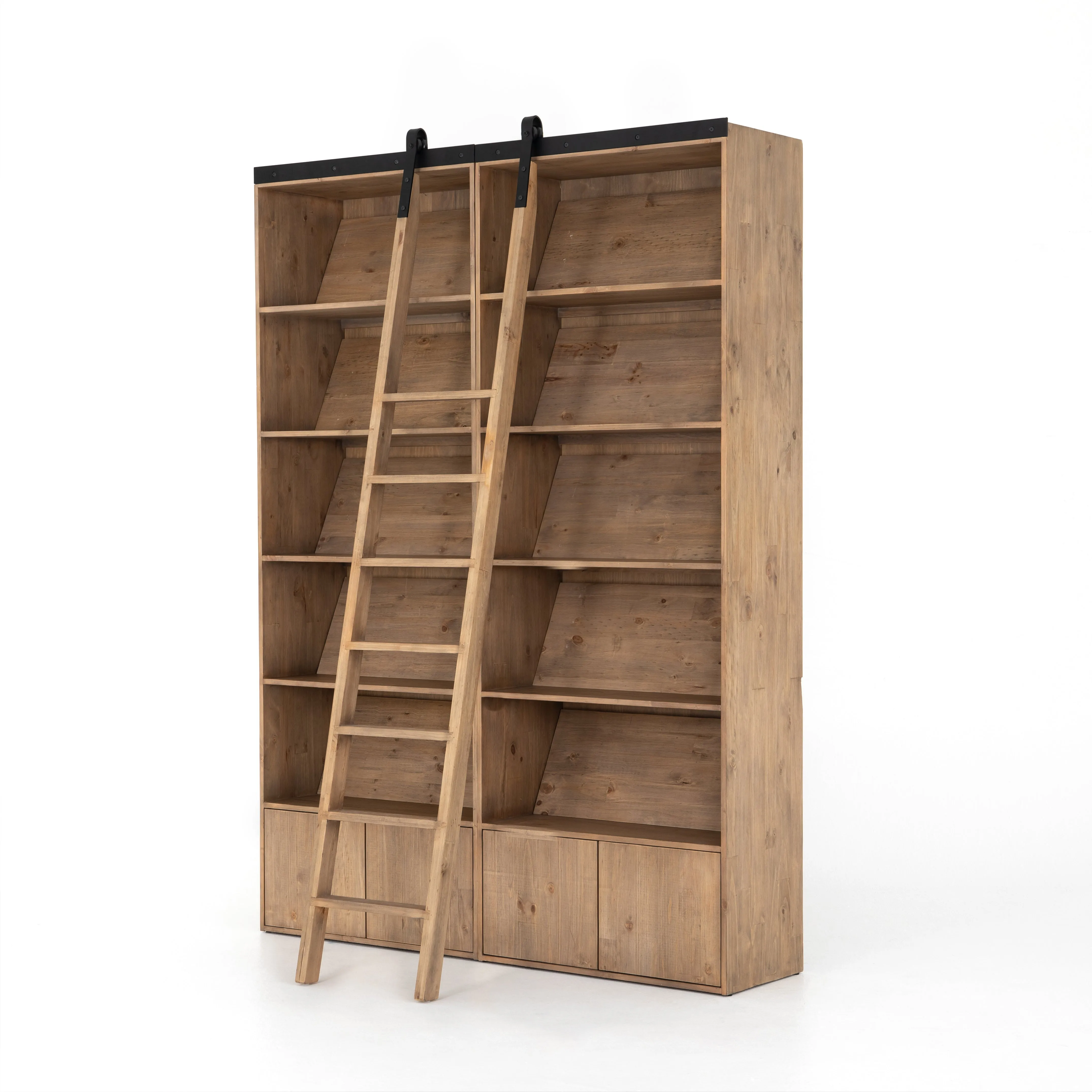 Bane Double Bookshelf with Ladder - Smoked Pine