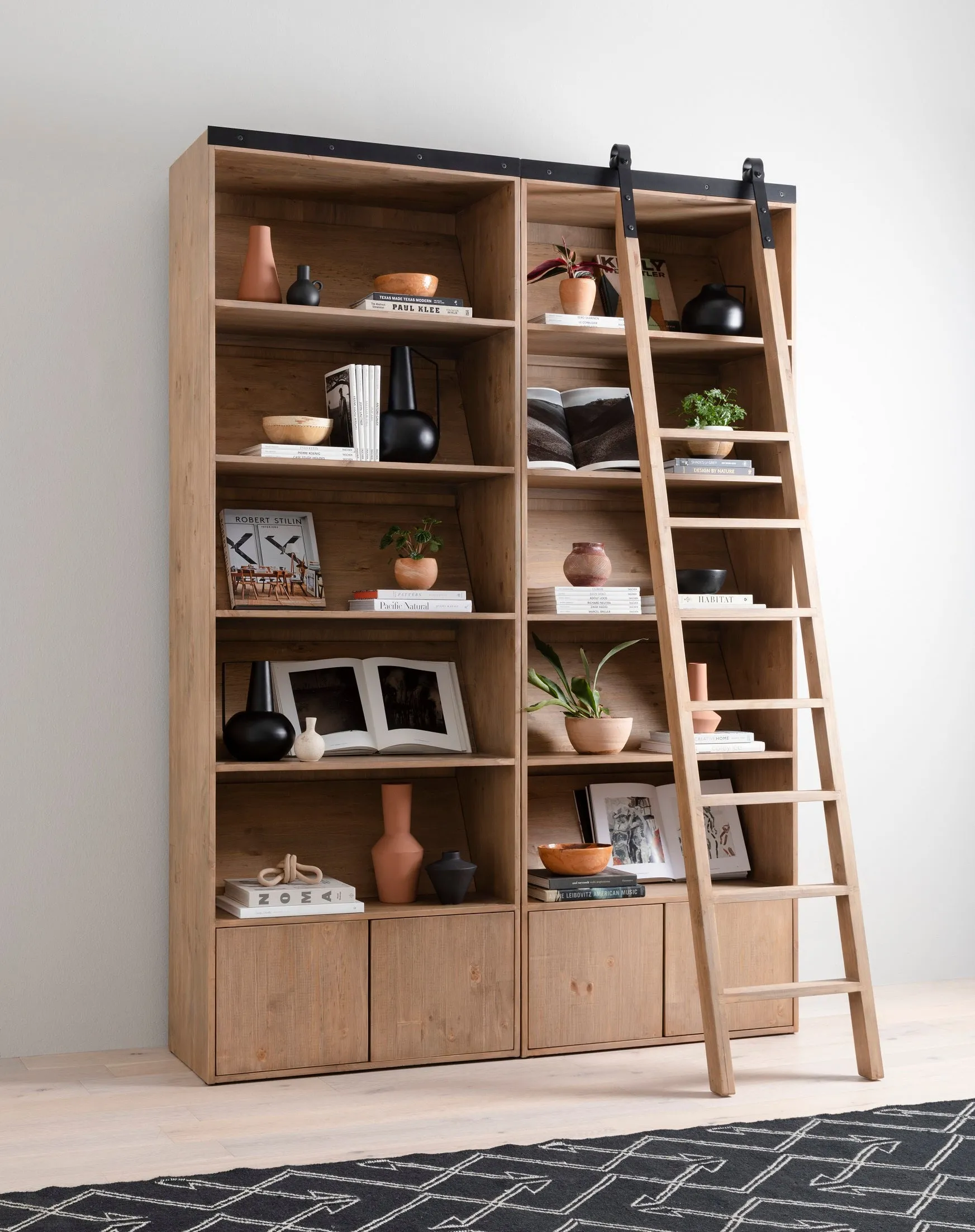 Bane Double Bookshelf with Ladder - Smoked Pine