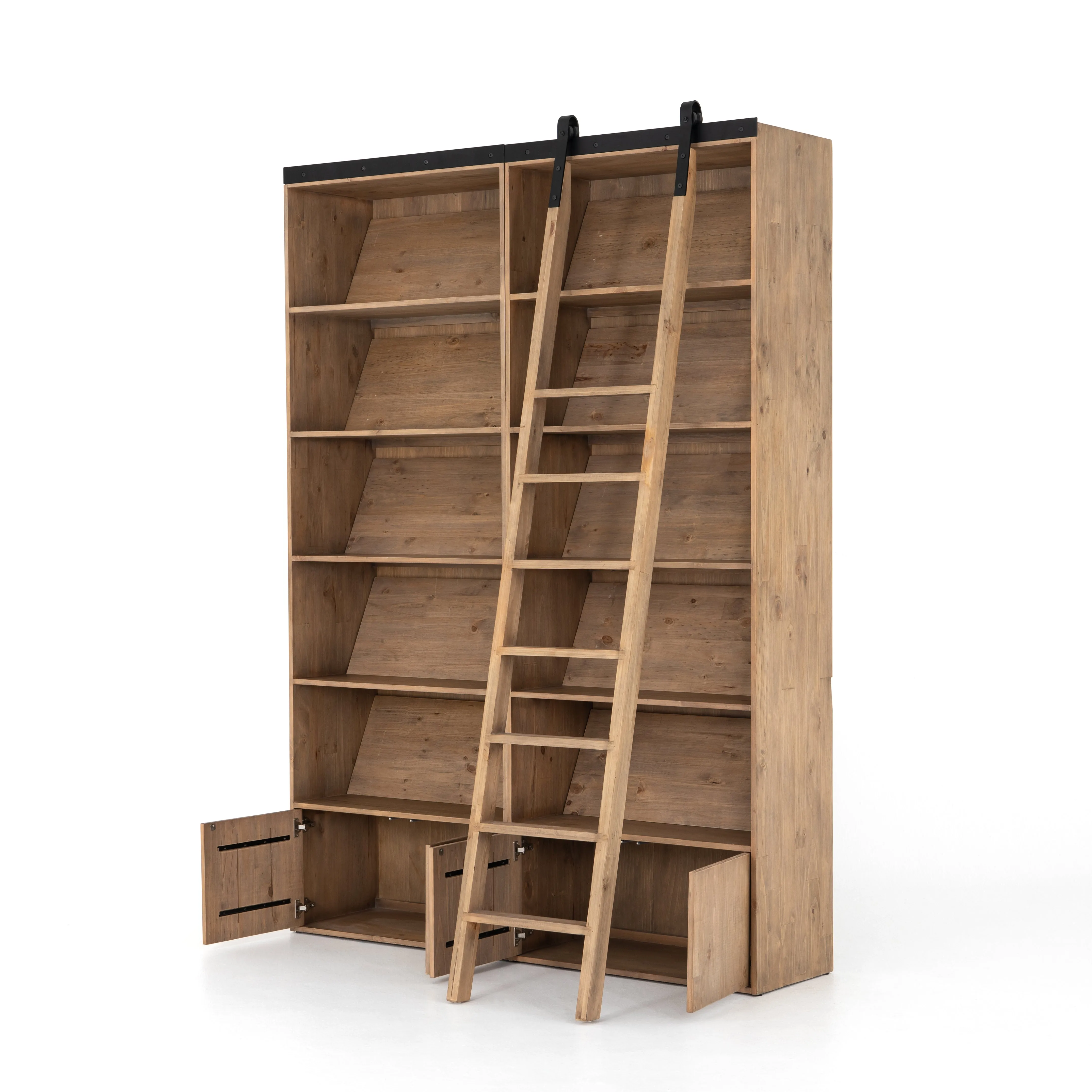 Bane Double Bookshelf with Ladder - Smoked Pine