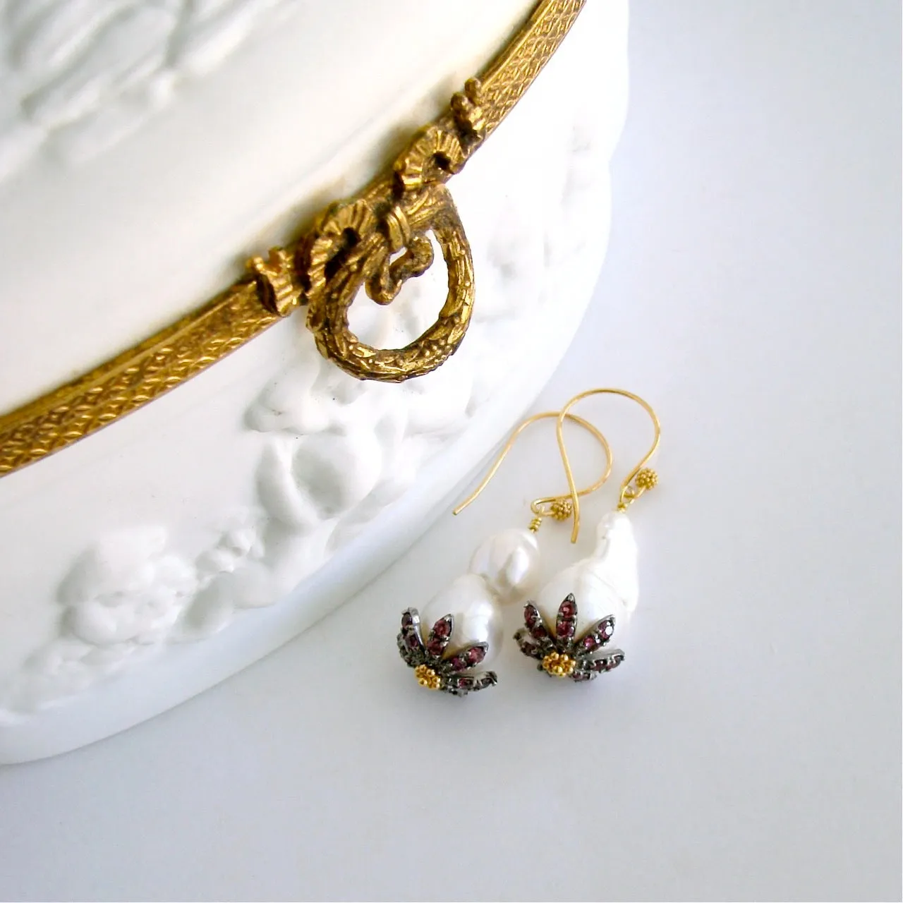 Baroque Flameball Pearls Rhodolite Garnet Rhodium Bead Cap Earrings - Chantilly Rhodolite Earrings