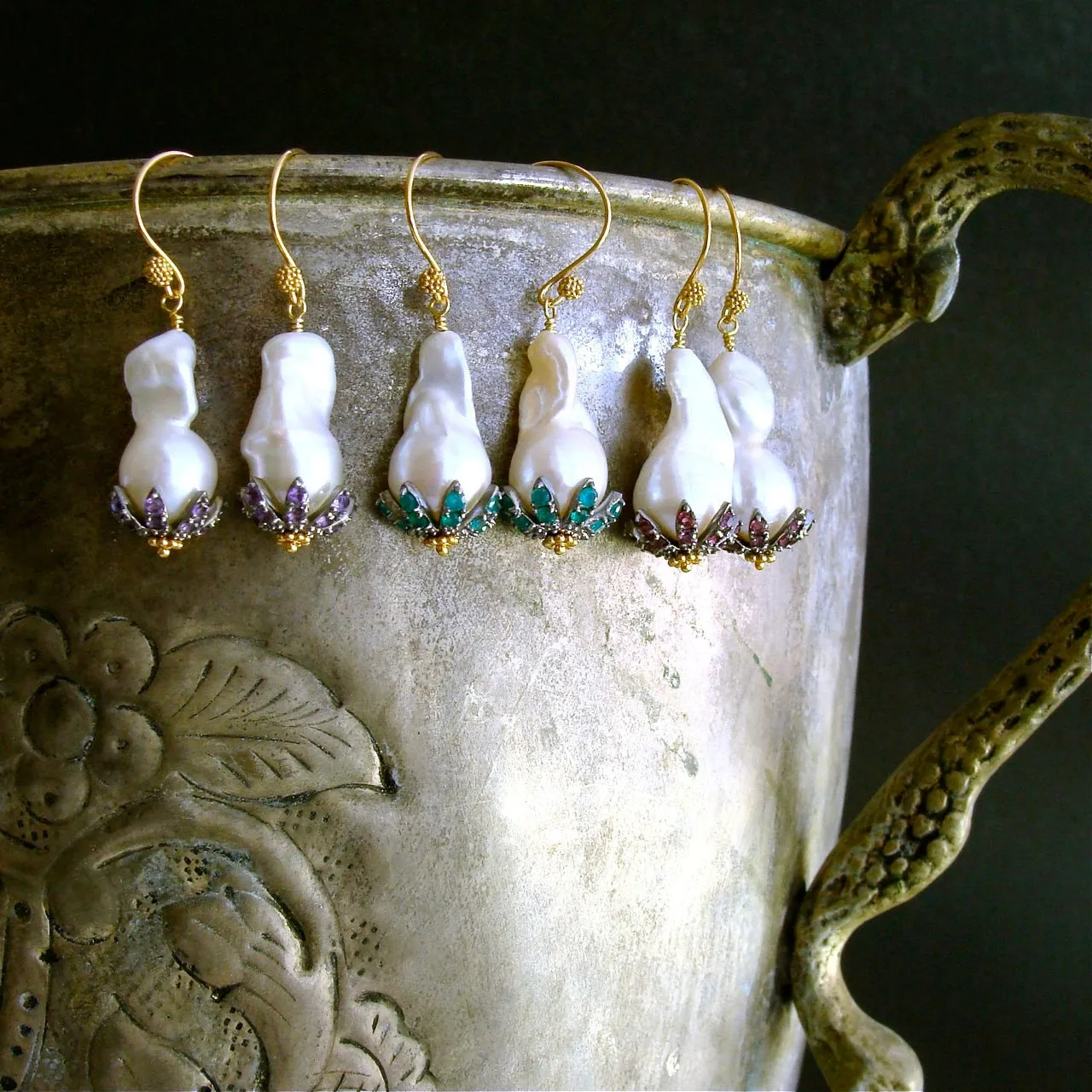 Baroque Flameball Pearls Rhodolite Garnet Rhodium Bead Cap Earrings - Chantilly Rhodolite Earrings