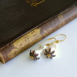 Baroque Flameball Pearls Rhodolite Garnet Rhodium Bead Cap Earrings - Chantilly Rhodolite Earrings