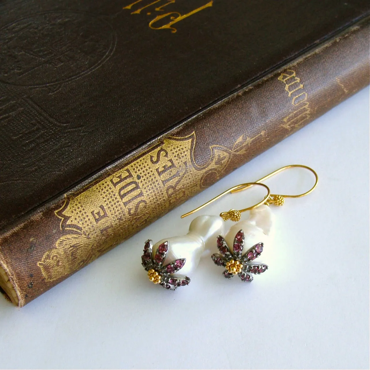 Baroque Flameball Pearls Rhodolite Garnet Rhodium Bead Cap Earrings - Chantilly Rhodolite Earrings
