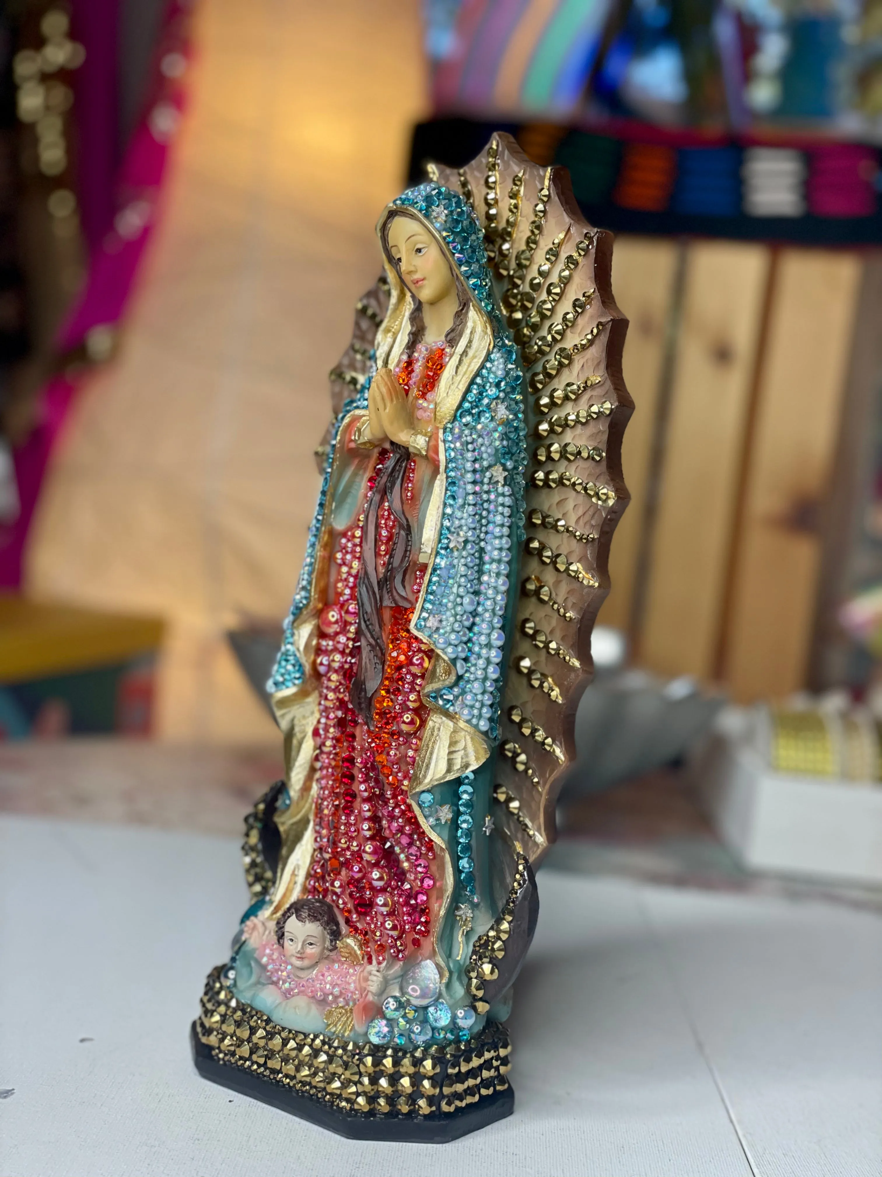Bedazzled Virgen de Guadalupe statue