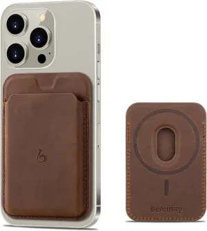 Belemay Magnetic Wallet, Compatible  Magsafe & iPhone series, Premium Crazy Horse Leather - Brown