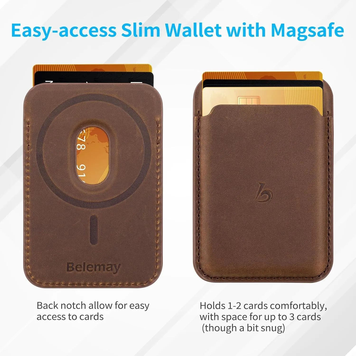 Belemay Magnetic Wallet, Compatible  Magsafe & iPhone series, Premium Crazy Horse Leather - Brown