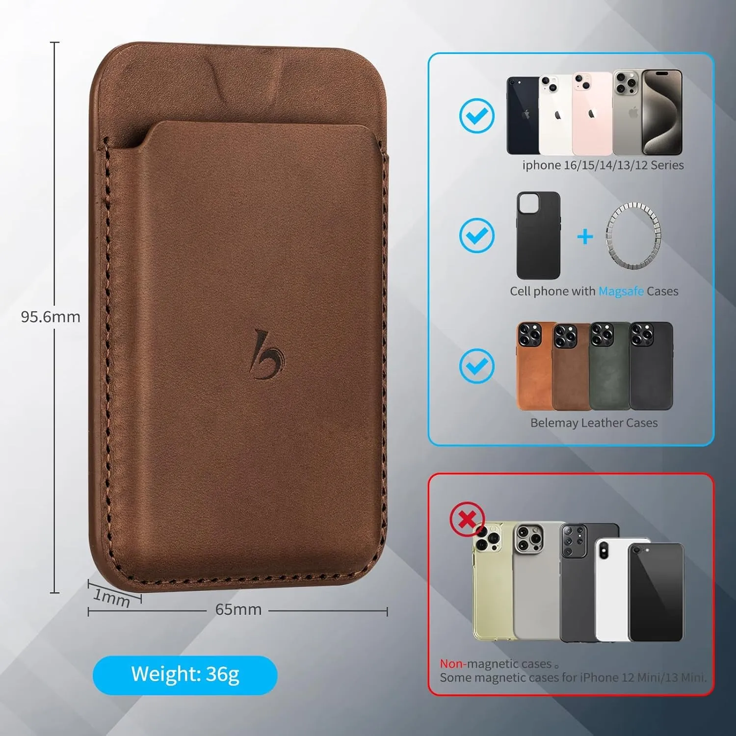 Belemay Magnetic Wallet, Compatible  Magsafe & iPhone series, Premium Crazy Horse Leather - Brown