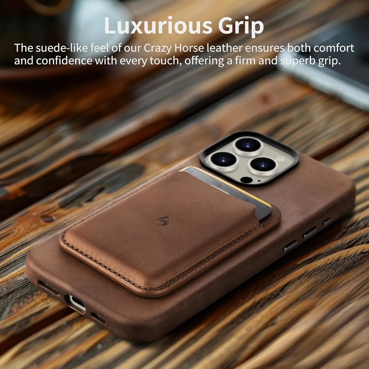 Belemay Magnetic Wallet, Compatible  Magsafe & iPhone series, Premium Crazy Horse Leather - Brown