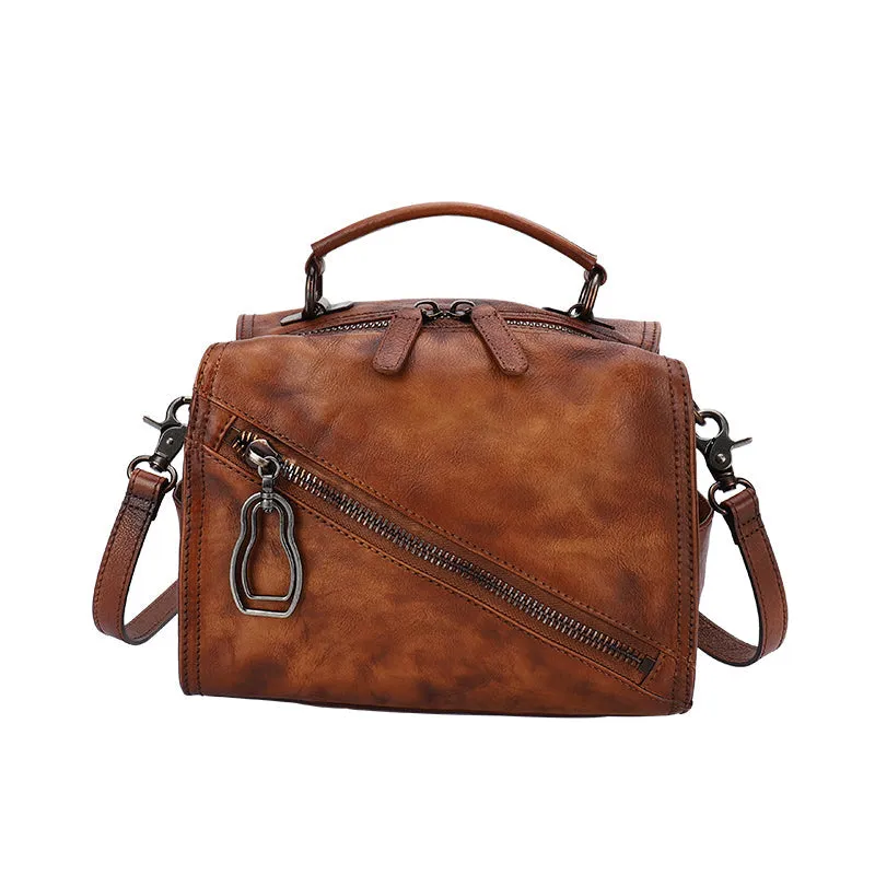 Best Coffee Leather Womens Buston Handbag Handmade Cube Handbag Crossbody Purse for Ladies