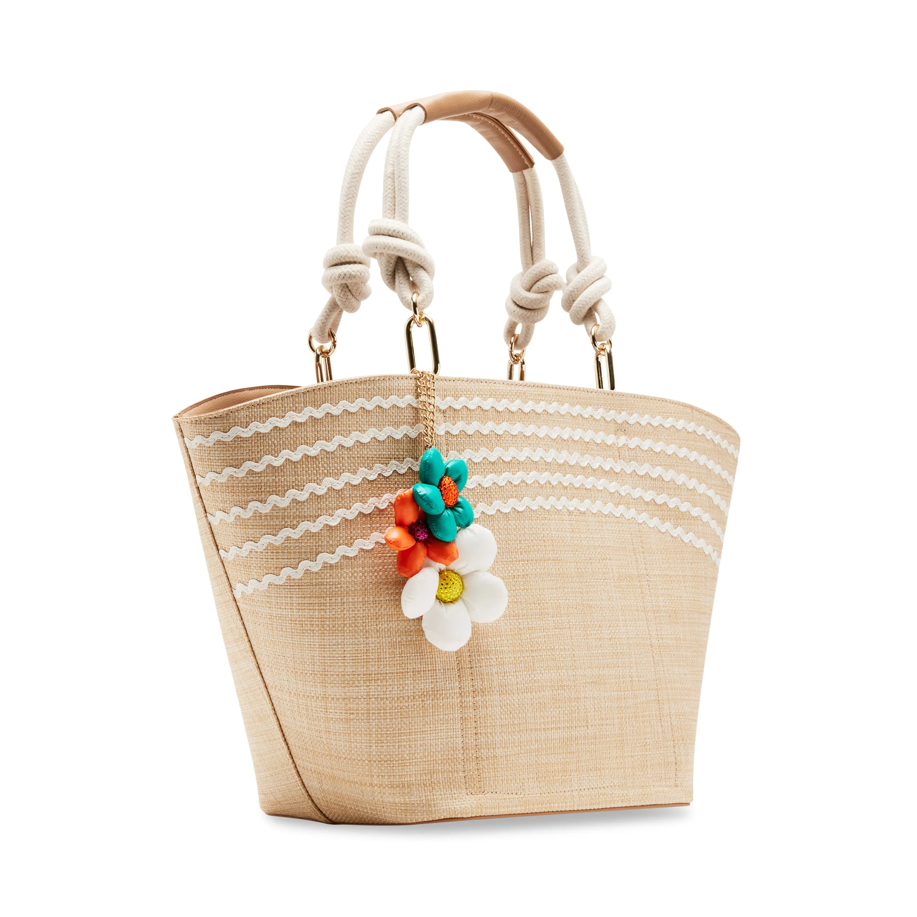 Betsey Johnson Flowers Puffy Raffia Natural Tote Bag
