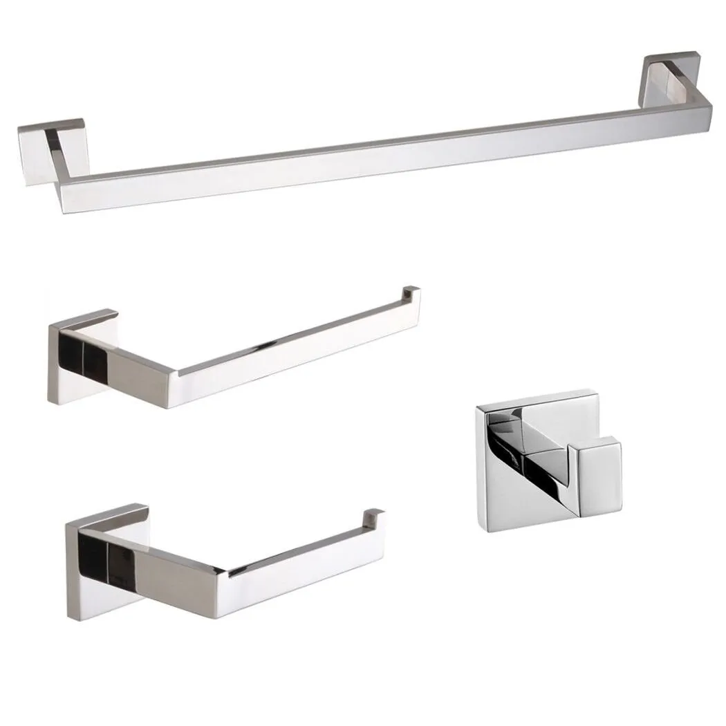 BigBig Home 4PCS Bathroom Hardware Set Modern Square Style SUS 304 Stainless Steel Toilet Paper Holder, Towel Ring, Robe Hook,Towel Bar, Chrome Finish Wall Mounted Tissue Hanger Bathroom Accessories