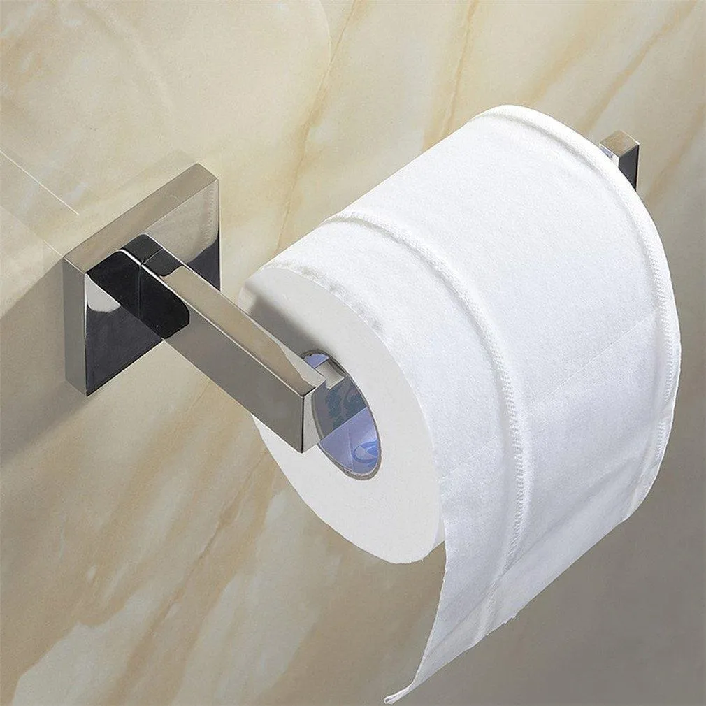 BigBig Home 4PCS Bathroom Hardware Set Modern Square Style SUS 304 Stainless Steel Toilet Paper Holder, Towel Ring, Robe Hook,Towel Bar, Chrome Finish Wall Mounted Tissue Hanger Bathroom Accessories