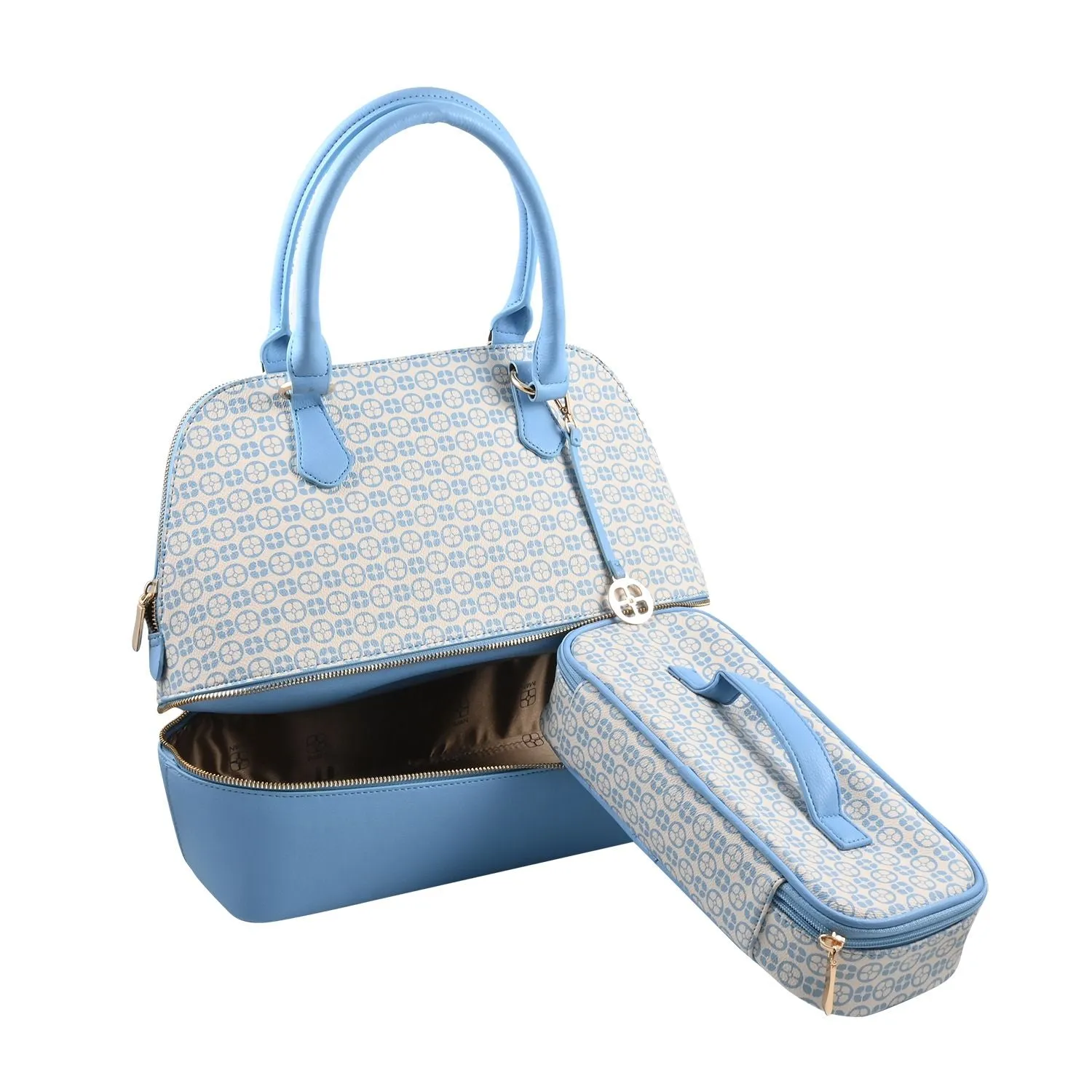Blue IMAN Logo Print Satchel with Hidden Removeable Cosmetic/Lunch Case