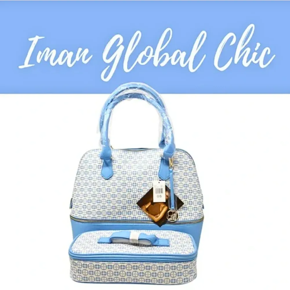 Blue IMAN Logo Print Satchel with Hidden Removeable Cosmetic/Lunch Case