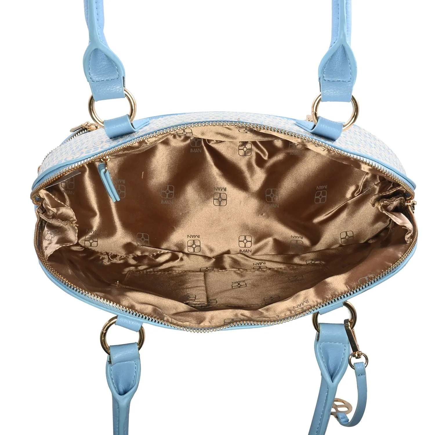 Blue IMAN Logo Print Satchel with Hidden Removeable Cosmetic/Lunch Case